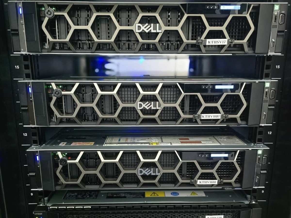 Dell servers and PowerVault storage installed in a rack